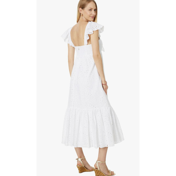 Lilly Pulitzer White Cotton Eyelet Embroidered Flutter Sleeve Midi Dress Size 14 - Picture 2 of 11